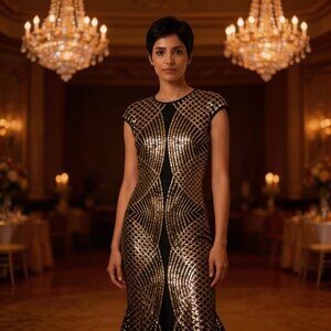 Black & Gold Sequin Evening Gown - Cap-Sleeve Dress In Large